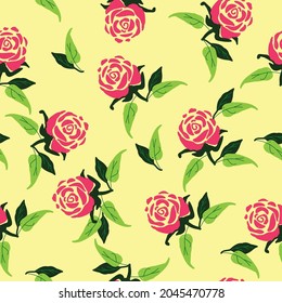 Elegante patrón sin fisuras con rosas. Flores rosas oscuras y hojas verdes sobre fondo amarillo cálido. Perfecto para impresión textil y estacionaria.