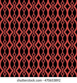 Elegant seamless pattern of roundish X-shaped elements in black and red colors. Beautiful ornament with graceful rhomboid figures. Vector illustration for fabric, paper and other