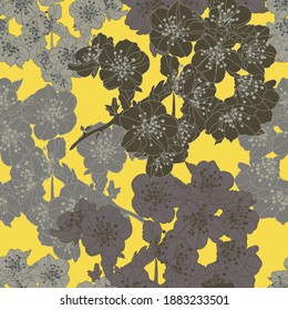 Elegant seamless pattern with sakura cherry blossom flowers, design elements. Floral  pattern for invitations, cards, print, gift wrap, manufacturing, textile, fabric, wallpapers. 2021 color trends