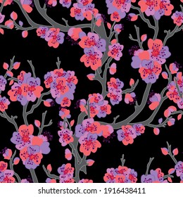 Elegantes, nahtloses Muster mit sakura Kirschblüten, Designelementen. Blumenmuster für Einladungen, Karten, Druck, Geschenkverpackungen, Herstellung, Textilien, Gewebe, Wallpaper