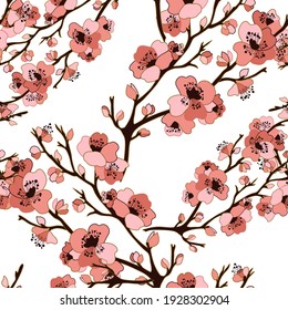 Elegant seamless pattern with sakura cherry blossom flowers, design elements. Floral  pattern for invitations, cards, print, gift wrap, manufacturing, textile, fabric, wallpapers