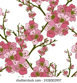 Elegant seamless pattern with sakura cherry blossom flowers, design elements. Floral  pattern for invitations, cards, print, gift wrap, manufacturing, textile, fabric, wallpapers
