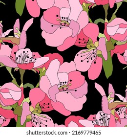 Elegant seamless pattern with sakura, cherry blossom flowers, design elements. Floral  pattern for invitations, cards, print, gift wrap, manufacturing, textile, fabric, wallpapers