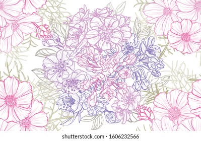 Elegant seamless pattern with sakura and cosmos flowers, design elements. Floral  pattern for invitations, cards, print, gift wrap, manufacturing, textile, fabric, wallpapers