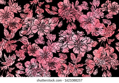 Elegant seamless pattern with sakura flowers, design elements. Floral  pattern for invitations, cards, print, gift wrap, manufacturing, textile, fabric, wallpapers