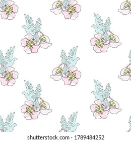 Elegant seamless pattern with sakura flowers and doves, design elements. Floral  pattern for invitations, cards, print, gift wrap, manufacturing, textile, fabric, wallpapers. Continuous line art style