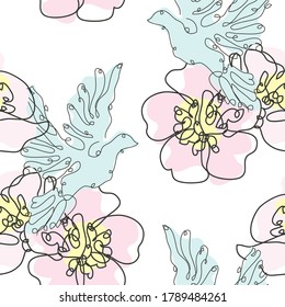 Elegante y sin fisuras con flores de sakura y palomas, elementos de diseño. Patrón floral para invitaciones, tarjetas, impresiones, envoltura de regalo, manufactura, textiles, tela, papel pintado. Estilo de arte de línea continuo