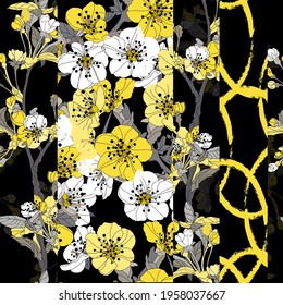Elegantes, nahtloses Muster mit Sakura-Blumen, Design-Elementen. Blumenmuster für Einladungen, Karten, Druck, Geschenkverpackung, Herstellung, Textil, Stoff, Tapeten