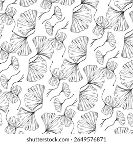 An elegant seamless pattern of scattered, hand-drawn Ginkgo biloba leaves. The detailed vintage engraving style creates a classic, sophisticated look ideal for luxury textiles or wallpaper