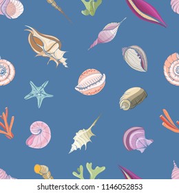 Elegant seamless pattern with seashells or shells of molluscs on blue background. Backdrop with sea or ocean fauna. Realistic hand drawn vector illustration for wrapping paper, textile print