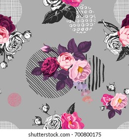 Elegant seamless pattern with semi-colored wild rose flowers against gray background with hand painted circular elements of different texture. Vector illustration for fabric print, wrapping paper.