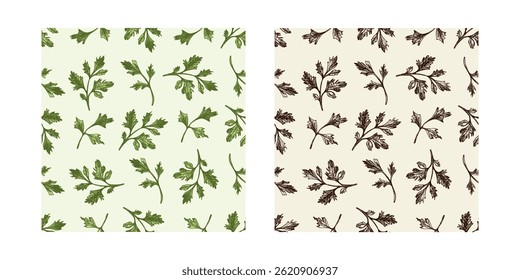 Elegante conjunto de padrão sem emenda com detalhes coloridos e preto salsa rampas no estilo vintage desenhado à mão. Ideal para embalagens de alimentos, marca de produtos orgânicos, fundos culinários.