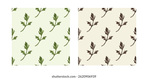 Elegante conjunto de padrão sem emenda com detalhes coloridos e preto salsa rampas no estilo vintage desenhado à mão. Ideal para embalagens de alimentos, marca de produtos orgânicos, fundos culinários.