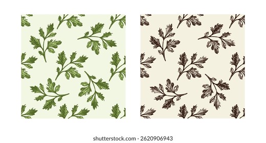 Elegante conjunto de padrão sem emenda com detalhes coloridos e preto salsa rampas no estilo vintage desenhado à mão. Ideal para embalagens de alimentos, marca de produtos orgânicos, fundos culinários.