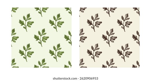 Elegante conjunto de padrão sem emenda com detalhes coloridos e preto salsa rampas no estilo vintage desenhado à mão. Ideal para embalagens de alimentos, marca de produtos orgânicos, fundos culinários.