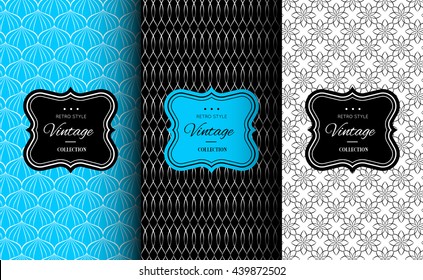 Elegant seamless pattern set. Vector illustration for fashion design. Packing element for label, background, wallpaper in trendy linear style. Cafe, pastry shop, sweet-shop menu template. Bright blue.