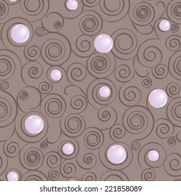 Elegant seamless pattern of shining pearls and spirals on a grey  background