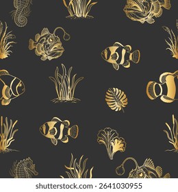  An elegant seamless pattern showcasing detailed golden illustrations of marine life and botanical elements on a dark background.
