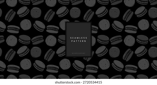 Elegante patrón sin fisuras que muestra macarrones franceses dibujados a mano o galletas de almendras en tonos gris monocromo oscuro y negro