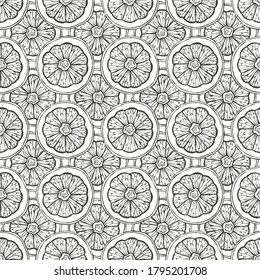 Elegant seamless pattern with sliced grapefruits, design elements. Fruit  pattern for invitations, cards, print, gift wrap, manufacturing, textile, fabric, wallpapers. Food, kitchen, vegetarian theme
