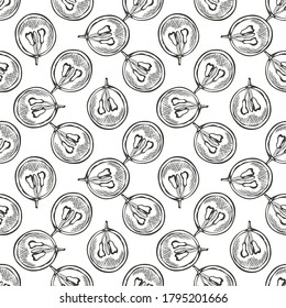 Elegant seamless pattern with sliced grapes, design elements. Fruit  pattern for invitations, cards, print, gift wrap, manufacturing, textile, fabric, wallpapers. Food, kitchen, vegetarian theme