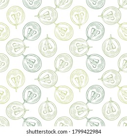 Elegant seamless pattern with sliced grapes, design elements. Fruit  pattern for invitations, cards, print, gift wrap, manufacturing, textile, fabric, wallpapers. Food, kitchen, vegetarian theme