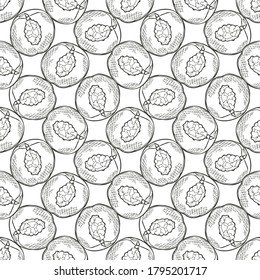 Elegant seamless pattern with sliced peach fruits, design elements. Fruit  pattern for invitations, cards, print, gift wrap, manufacturing, textile, fabric, wallpapers. Food, kitchen, vegetarian theme