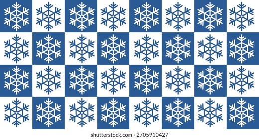 Elegant seamless pattern with snowflake silhouettes on white and blue geometric grid of squares. Perfect for winter textiles, gift wrapping, seasonal backgrounds and modern holiday decor.