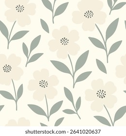 Elegant seamless pattern with soft cream flowers and sage green leaves on an off-white background. Perfect for textile, packaging, and decor.