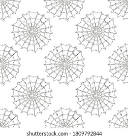 Elegant seamless pattern with spider webs, design elements. Web pattern for invitations, cards, print, gift wrap, manufacturing, textile, fabric, wallpapers. Continuous line art style