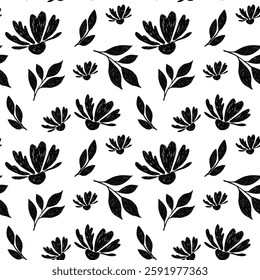 Elegant seamless pattern with spring flowers and plants in trendy pencil, crayon drawing style. Black bold crayon floral shapes pattern. Drawn manual on paper