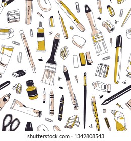 Elegant seamless pattern with stationery, writing utensils, office tools or art supplies hand drawn on white background. Realistic vector illustration for wrapping paper, textile print, wallpaper.