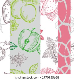 Elegant seamless pattern with strawberries and apples, design elements. Fruit  pattern for invitations, cards, print, gift wrap, manufacturing, textile, fabric, wallpapers. Food, kitchen theme