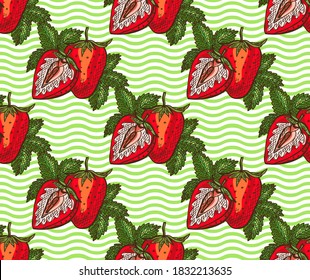 Elegante patrón sin fisuras con fresas, elementos de diseño. Patrón de fruta para invitaciones, tarjetas, impresión, envoltura de regalo, manufactura, textiles, tela, papel pintado. Comida, cocina, temática vegetariana