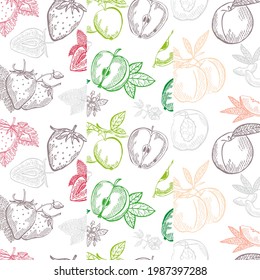 Elegante patrón sin fisuras con fresa, manzana y melocotón, elementos de diseño. Patrón de fruta para tarjetas, papel, envoltura de regalo, manufactura, textiles, tela, papel pintado. Comida, cocina, temática vegetariana