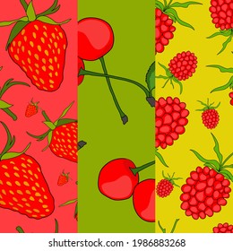 Elegant seamless pattern with strawberry, cherry and raspberry, design elements. Fruit  pattern for cards, print, gift wrap, manufacturing, textile, fabric, wallpapers. Food, vegetarian theme