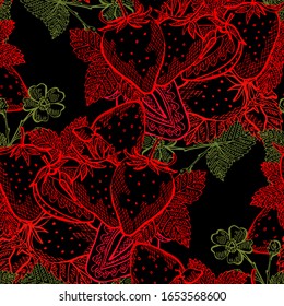 Elegant seamless pattern with strawberry fruits, design elements. Fruit  pattern for invitations, cards, print, gift wrap, manufacturing, textile, fabric, wallpapers. Food, kitchen, vegetarian theme