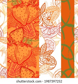 Elegant seamless pattern with strawberry and grapefruit, design elements. Fruit  pattern for cards, print, gift wrap, manufacturing, textile, fabric, wallpapers. Food, kitchen, vegetarian theme