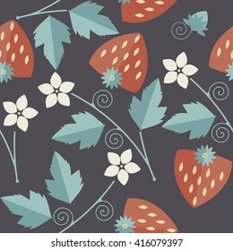 Elegant seamless pattern with a strawberry, leaves and flowers on blue background can be used for wrapping paper, textile, packaging design, linen and more designs.