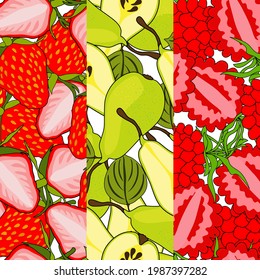 Elegant seamless pattern with strawberry, pear and raspberry, design elements. Fruit  pattern for cards, print, gift wrap, manufacturing, textile, fabric, wallpapers. Food,vegetarian theme