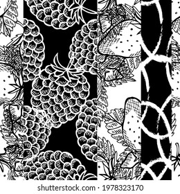 Elegant seamless pattern with strawberry and raspberry, design elements. Fruit  pattern for invitations, cards, gift wrap, manufacturing, textile, fabric, wallpapers. Food, kitchen, vegetarian theme