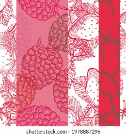 Elegant seamless pattern with strawberry and raspberry, design elements. Fruit  pattern for invitations, cards, gift wrap, manufacturing, textile, fabric, wallpapers. Food, kitchen, vegetarian theme