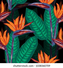 Elegant seamless pattern with strelitzia flowers, design elements. Floral tropical pattern for invitations, cards, print, gift wrap, manufacturing, textile, fabric, wallpapers - Shutterstock ID 1038360709
