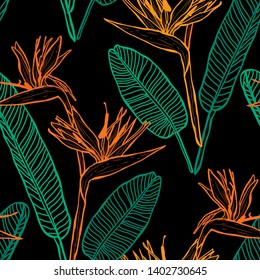 Elegant seamless pattern with strelitzia flowers, design elements. Floral  pattern for invitations, cards, print, gift wrap, manufacturing, textile, fabric, wallpapers