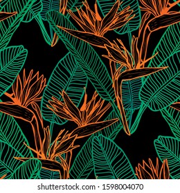 Elegant seamless pattern with strelitzia flowers, design elements. Floral  pattern for invitations, cards, print, gift wrap, manufacturing, textile, fabric, wallpapers