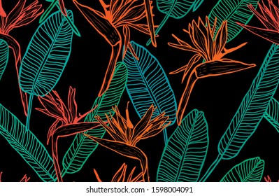 Elegant seamless pattern with strelitzia flowers, design elements. Floral  pattern for invitations, cards, print, gift wrap, manufacturing, textile, fabric, wallpapers