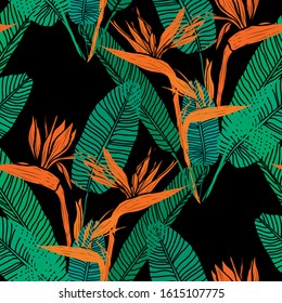 Elegant seamless pattern with strelitzia flowers, design elements. Floral  pattern for invitations, cards, print, gift wrap, manufacturing, textile, fabric, wallpapers