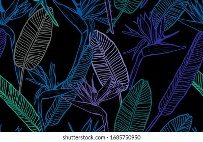 Elegant seamless pattern with strelitzia flowers, design elements. Floral  pattern for invitations, cards, print, gift wrap, manufacturing, textile, fabric, wallpapers