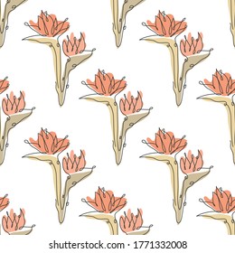 Elegant seamless pattern with strelitzia flowers, design elements. Floral  pattern for invitations, cards, print, gift wrap, manufacturing, textile, fabric, wallpapers. Continuous line art style