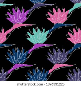 Elegant seamless pattern with strelitzia flowers, design elements. Floral  pattern for invitations, cards, print, gift wrap, manufacturing, textile, fabric, wallpapers. Continuous line art style